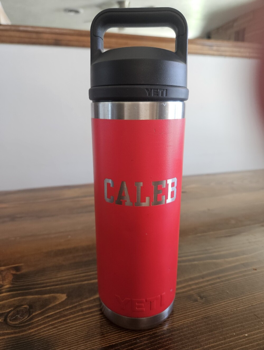 Yeti Red Stainless Steel Bottle with Silver Personalized CALEB
